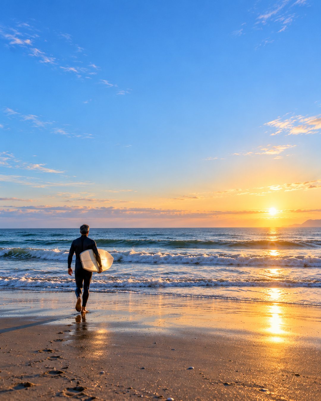 朝日の海へ、サーフボードを抱えて歩いていく男性の後ろ姿