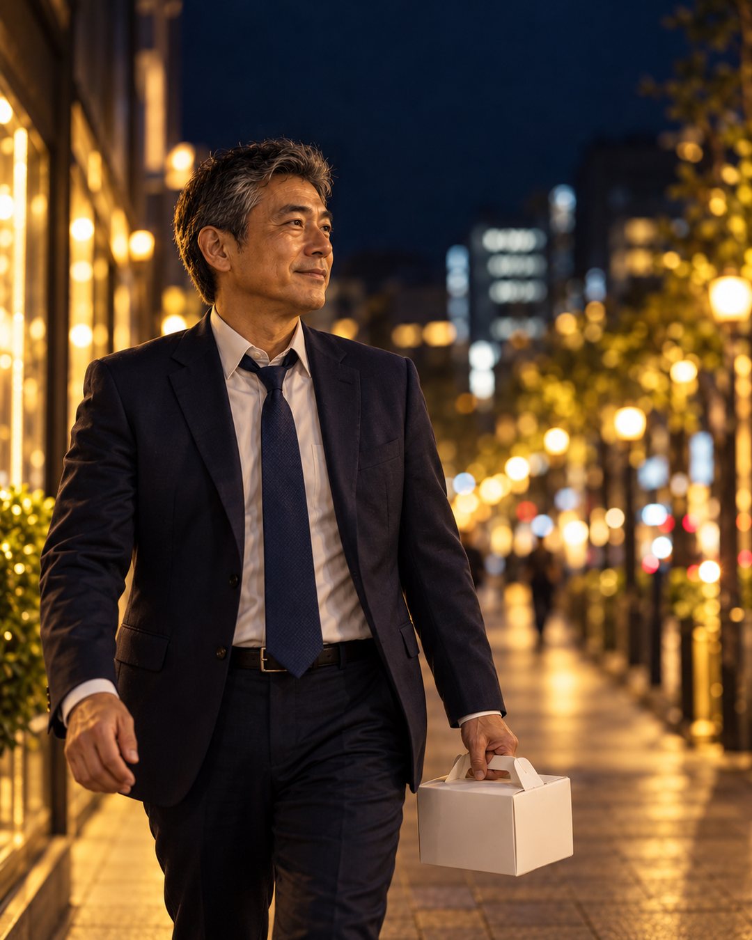 金曜の夜、家族へのケーキの箱を持って、明るい街を歩く50代の男性